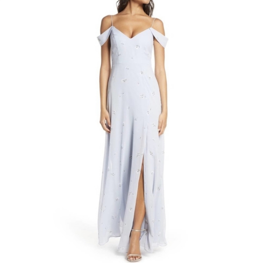 Jenny Yoo Priya Ditsy Cold Shoulder Chiffon Dress Pria Print